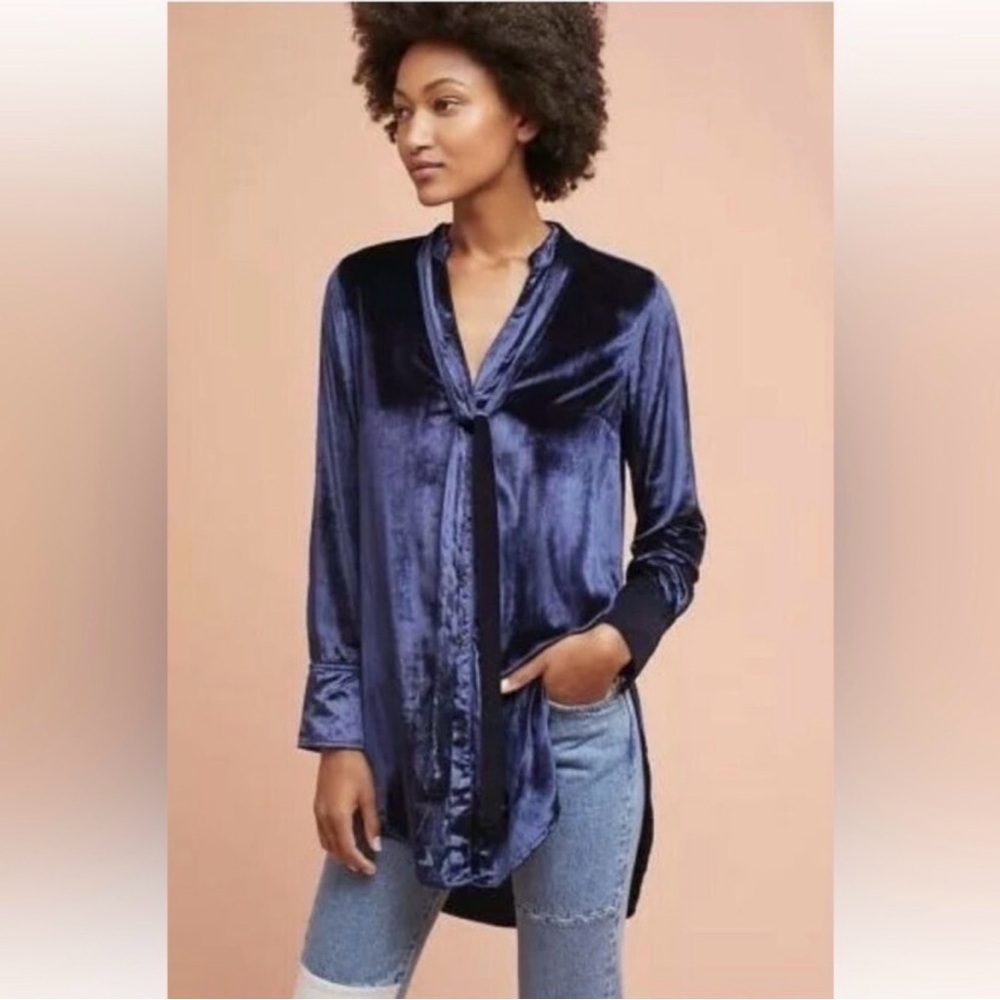 Maeve Navy Velvet Tie-Neck Blouse